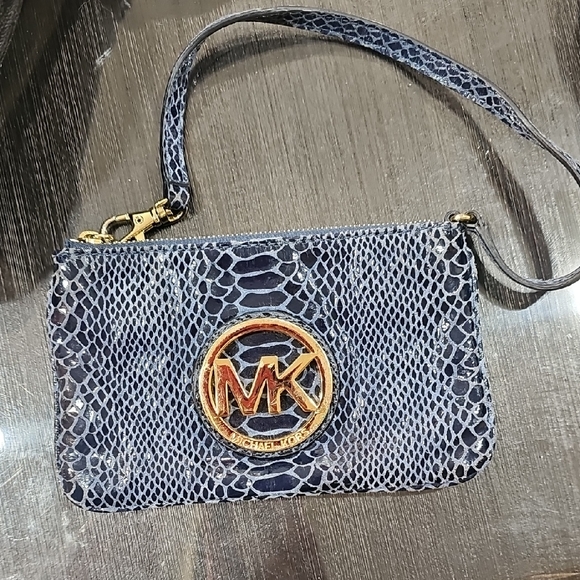 Michael Kors Handbags - Michael Kors Navy Snake-Print Wristlet with Gold Logo